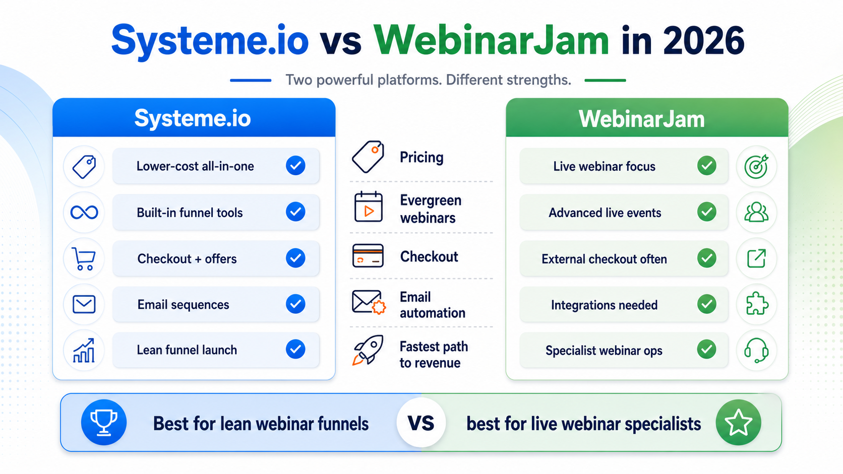 Systeme.io vs WebinarJam summary graphic comparing webinar funnels, email, checkout, and pricing logic